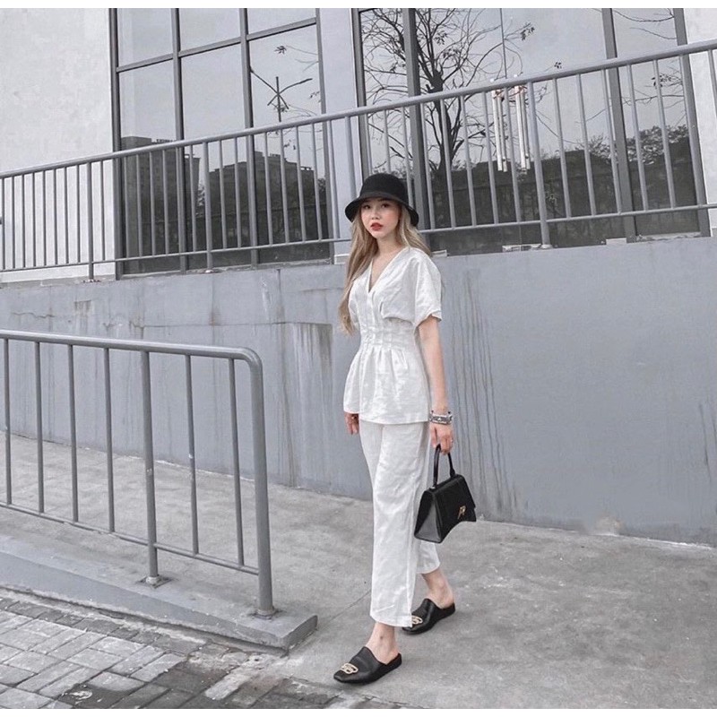 Set áo peplum cổ V kèm quần suông linen