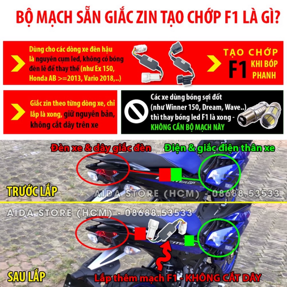 EX150/155 - Bộ Mạch Tạo Chớp Stop F1 Yahama Exciter 150, Ex 150, Ex 155, NVX, Nouvo 5, Janus... Sẵn Giắc Zin 10 Kiểu