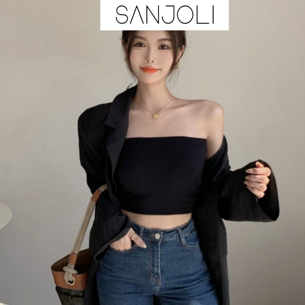 Áo ống croptop Sanjoli không dây kiểu ôm body sexy màu trắng đen AO012