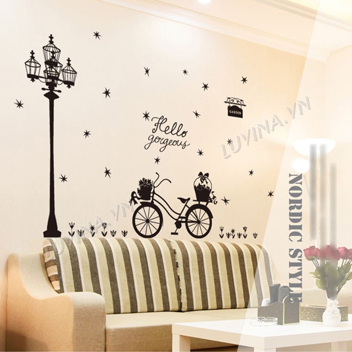 [GIÁ SIÊU TỐT]- [MUA DECAL TẶNG DECAL]-Decal trang trí phòng khách, quán cafe-Xe đạp cột dèn đen-[GIAO HÀNG NGAY]