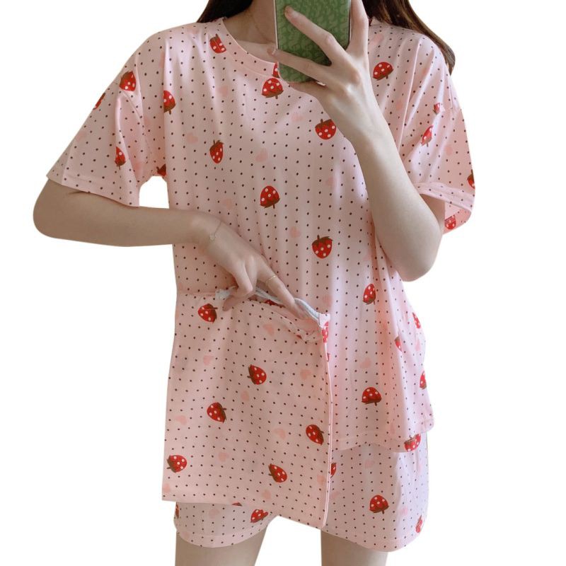 Bộ Đồ Ngủ Vải Lụa Sữa Tay Ngắn Thoáng Mát Đáng Yêu Cho Nữ
