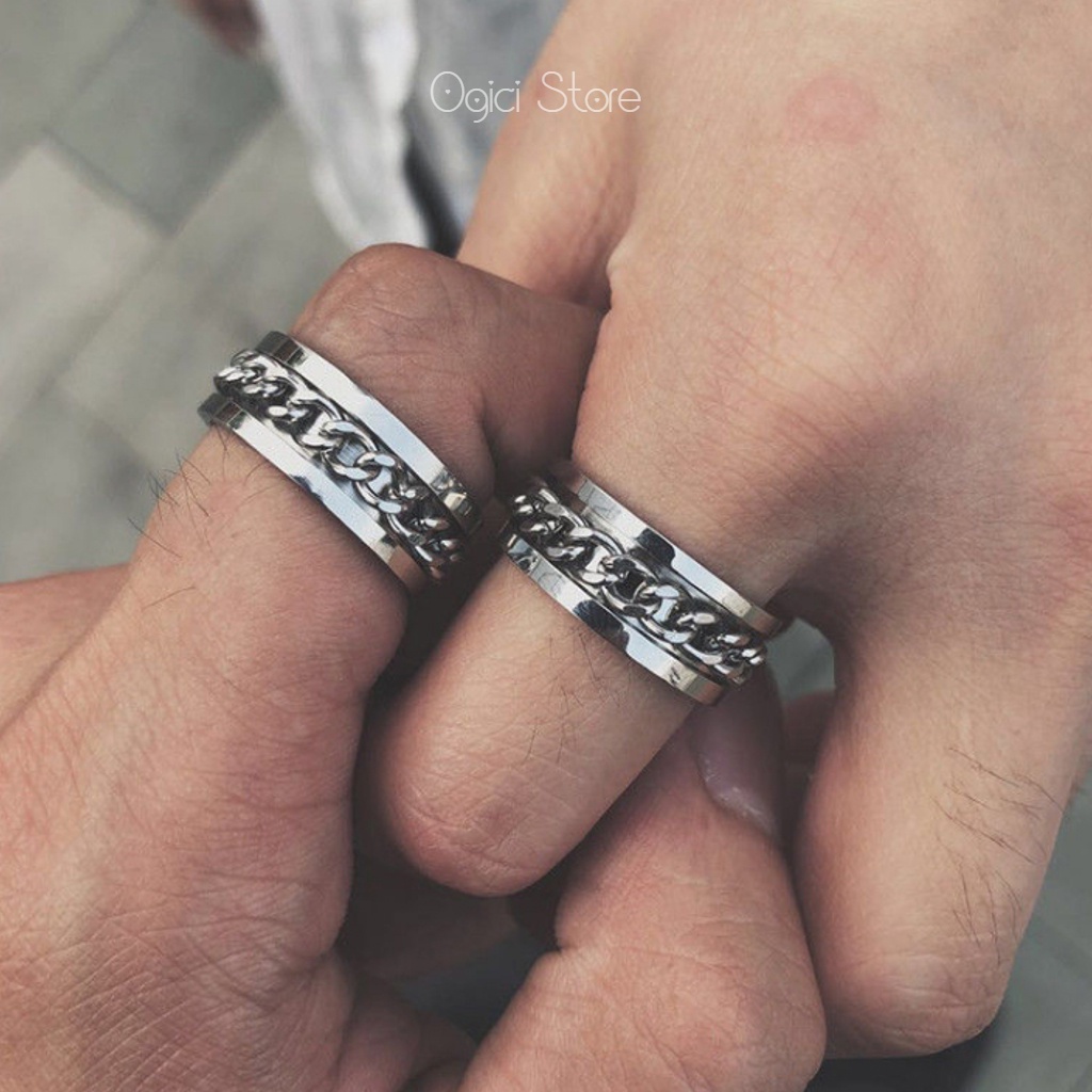 Nhẫn mở bia dây xích mặt xoay độc đáo, Nhẫn nam nữ titan không gỉ thời trang, Unisex