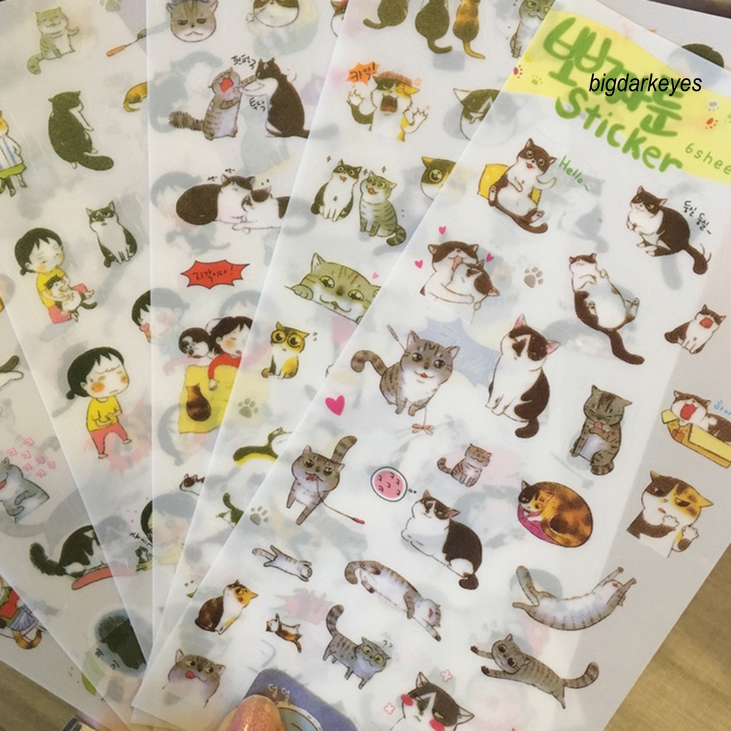Set 6 Tấm Hình Dán Trong Suốt Họa Tiết Mèo Hoạt Hình Dễ Thương Dùng Để Trang Trí Nhật Ký / Sổ Tay