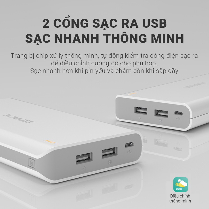 Pin sạc dự phòng Romoss Sense 6 20000mAh 2 cổng ra USB, 1 cổng vào Micro, hỗ trợ sạc tốc độ nhanh 2.1A-Bảo hành 12 tháng