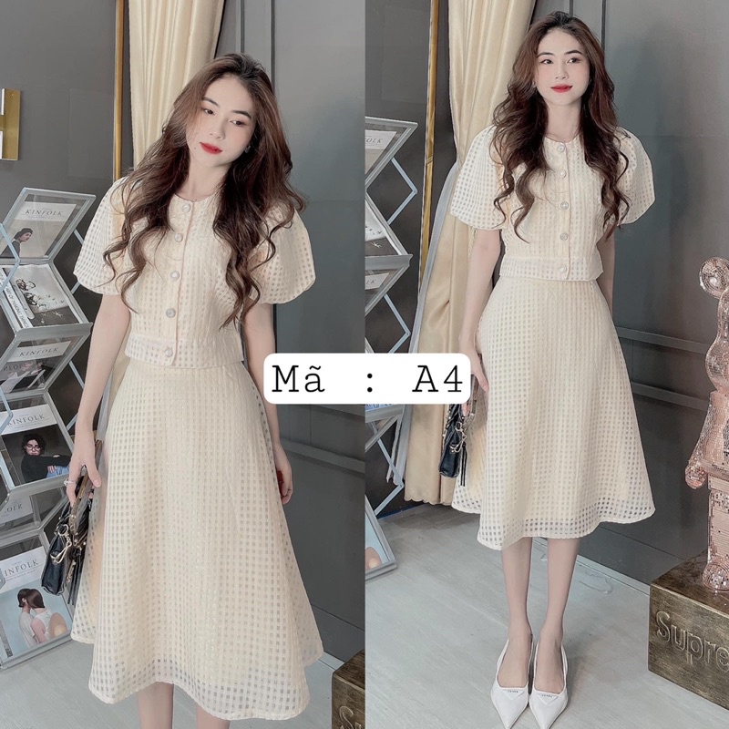 Set áo tay phồng + chân váy midi dài