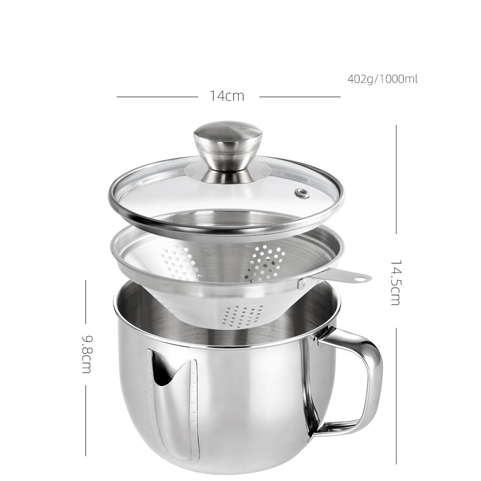 Ca rót súp lọc dầu Inox 304 2 đầu có nắp kính không kèm đồ lọc - 14x14.5cm 402g 1000ml