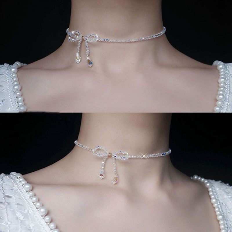 Chocker vòng cổ dây chuyền nữ đá pha lê thắt nơ dễ thương