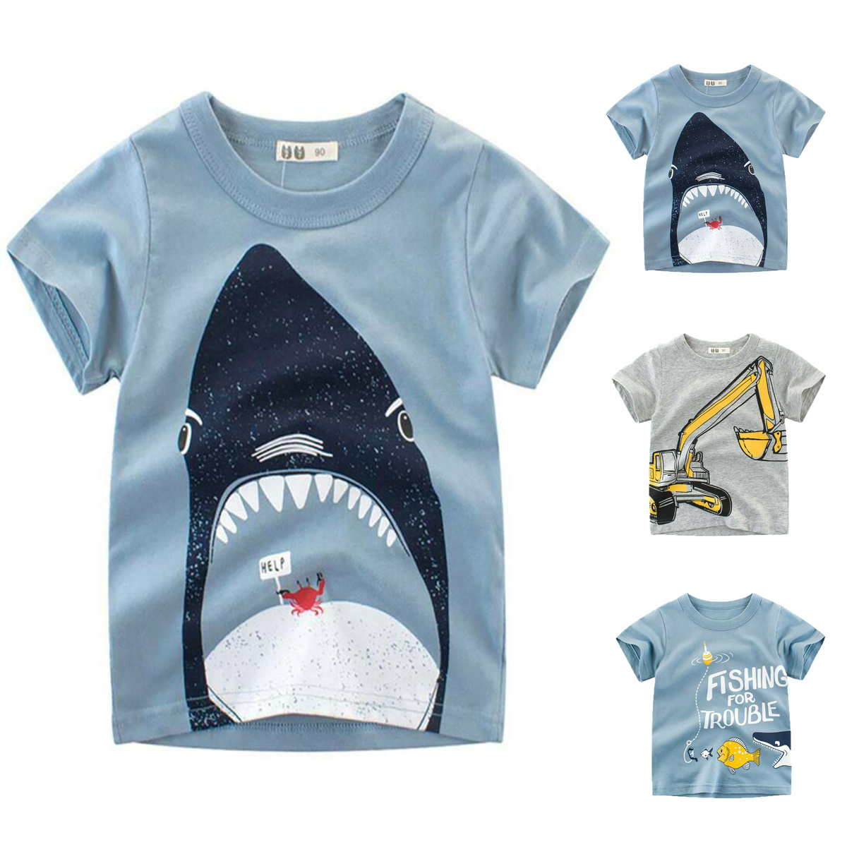 Baby Kids Children Short-sleeved T-shirt Floral Gray Excavator Printing Clothes