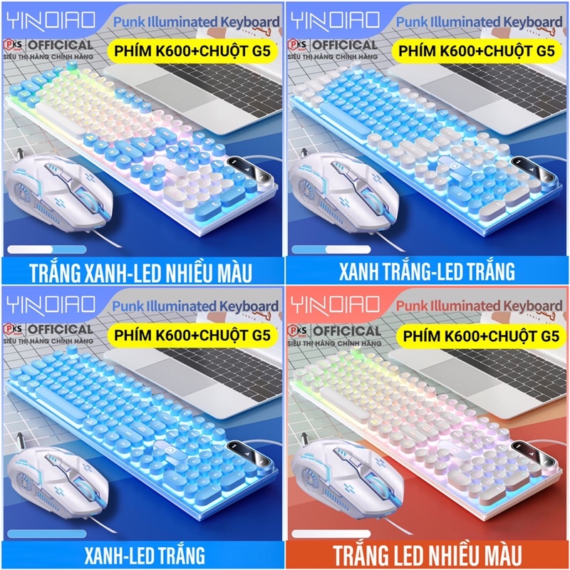 Combo Bàn Phím Chuột Máy Tính Laptop Có Dây Giả Cơ YINOAO K600-G5 LED Xuyên Chữ Nhiều Màu Sắc Trắng Xanh Hồng Tím