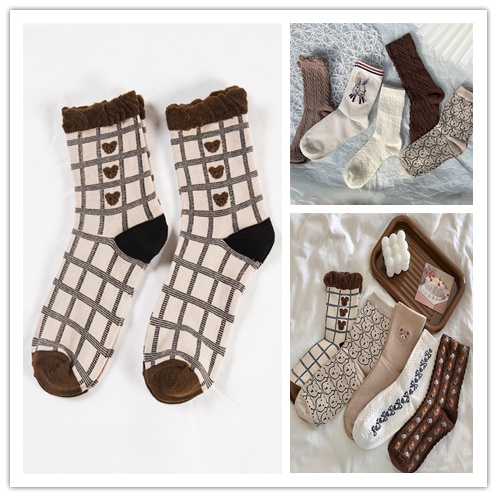 Vớ Cotton Cổ Cao Vừa In Họa Tiết Hoạt Hình Thỏ/ Gấu Màu Cà Phê Dễ Thương