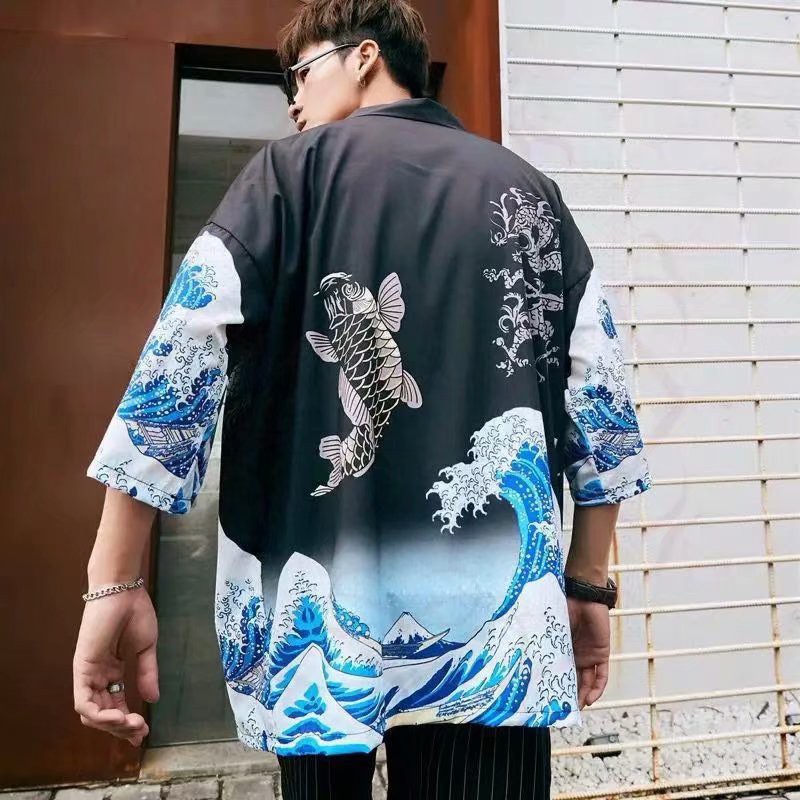 Áo Sơ Mi Đi Biển 7 Tấc Bằng cotton Dáng Rộng Thoáng Khí In Họa Tiết Sóng Biển Thời Trang Nhật Bản Cho Nam Và Nữ