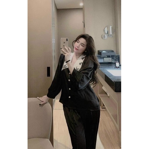 (Dưới 62kg) Đồ bộ pijama mặc nhà LỤA XƯỚC tay phồng dài quần dài phong cách TIỂU THƯ sang trọng và quý phái
