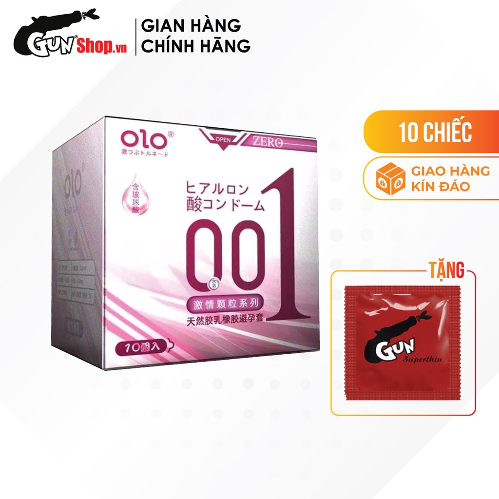 Bao cao su OLO 0.01 Zero Hồng siêu mỏng, có hạt, nhiều gel bôi trơn hộp 10 cái kèm 1 chiếc BCS Gun Super Thin - 00915