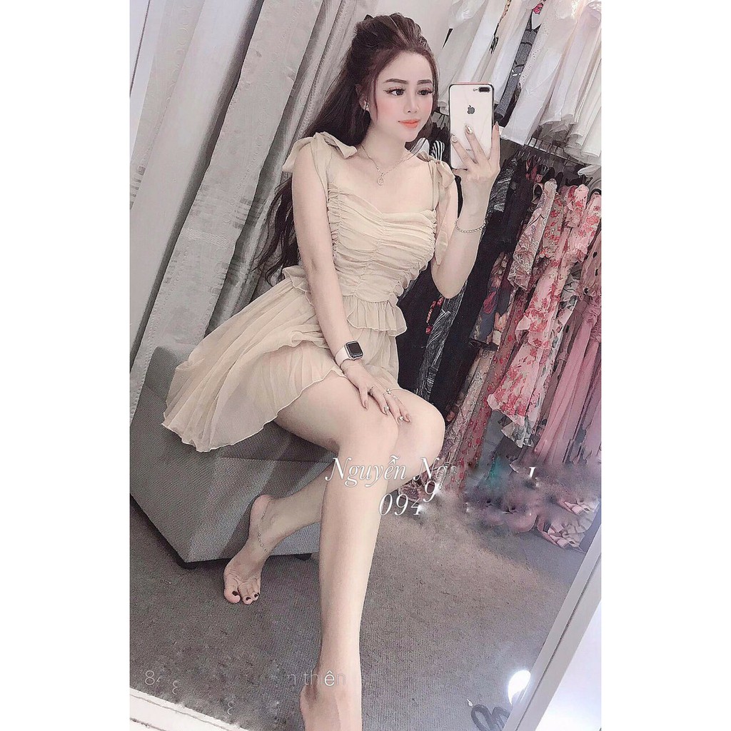 Sét Đầm Hai Dây Voan Phối Thắc Nơ Vai Kết Hợp Thân Nhún Mẫu Mới TTS0819