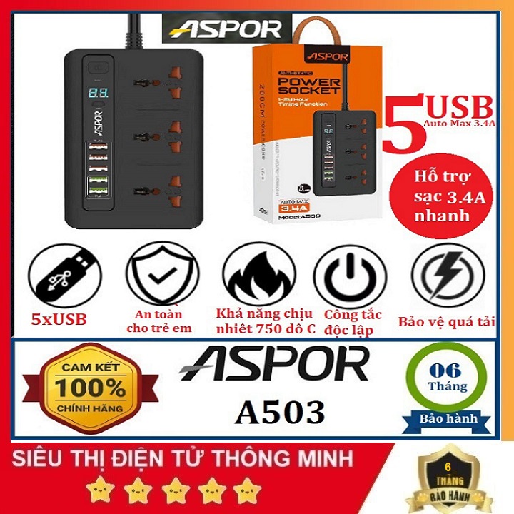 Ổ Cắm Điện Chính Hãng ASPOR A503, Với 5 Cổng USB - Sạc Nhanh 3.4A - Dây Dài 2M Tiêu - Chuẩn EU