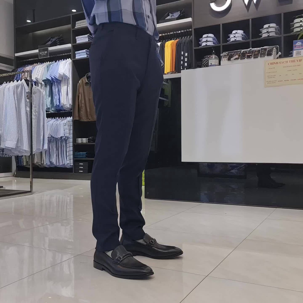 Quần âu tây nam công sở cao cấp OWEN QD22440 dáng trendy ống côn dài chân màu xanh navy kẻ chìm vải nano nhẹ mát