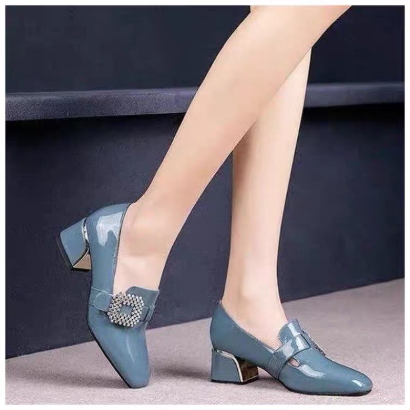 (Order) sz35-40 Giày loafer phối tag đá hoạ tiết vân rắn gót vuông cách điệu lạ 5cm