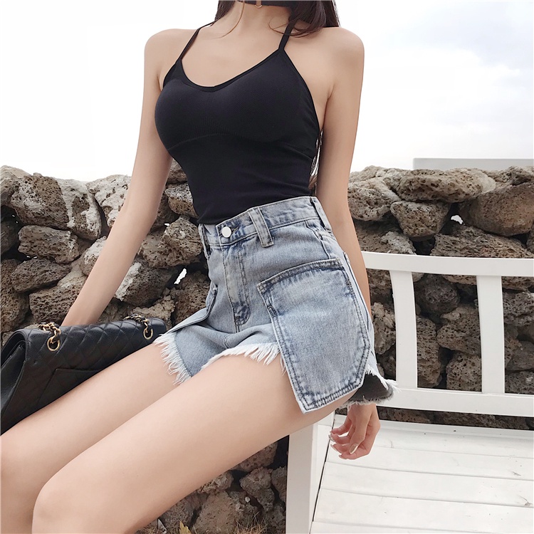Quần Ngắn Vải Jeans Lưng Cao Thời Trang Hàn Quốc Cho Nữ