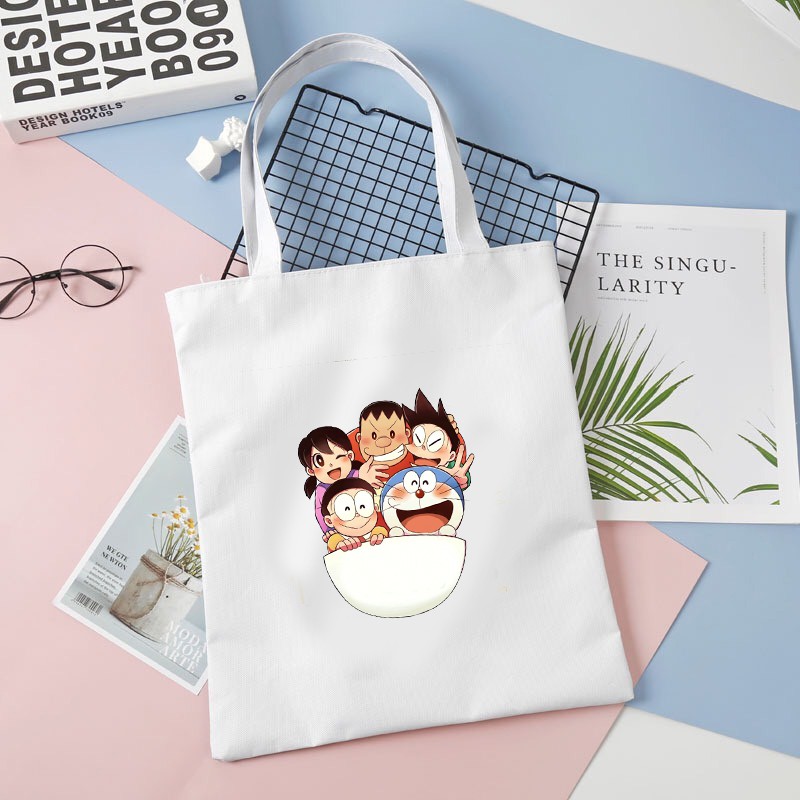 Túi tote vải đen trắng đeo vai in hình MÈO MÁY DOREMON chibi anime thời trang cá tính tiện lợi