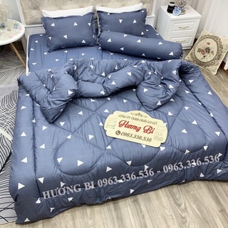 Bộ Chăn Ga Gối Cottong Poly Chăn Chần Phao 5 Món- Tam Giác Ghi