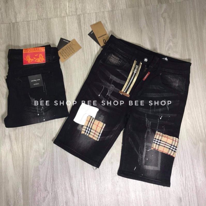 Quần bò ngố nam Dsq vá trắng kẻ khoá chéo , quần jean nam, quần short bò - Bee Shop ❣️