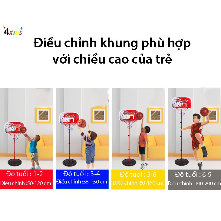 Bộ đồ chơi bóng rổ cho bé, bóng rổ mini trong nhà giúp bé phát triển chiều cao, Khung làm bằng sắt, TẶNG kèm bóng