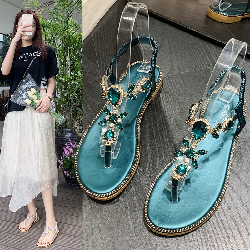 Giày Sandals Đế Bằng Đính Đá Trang Trí Lấp Lánh Thời Trang Cho Nữ