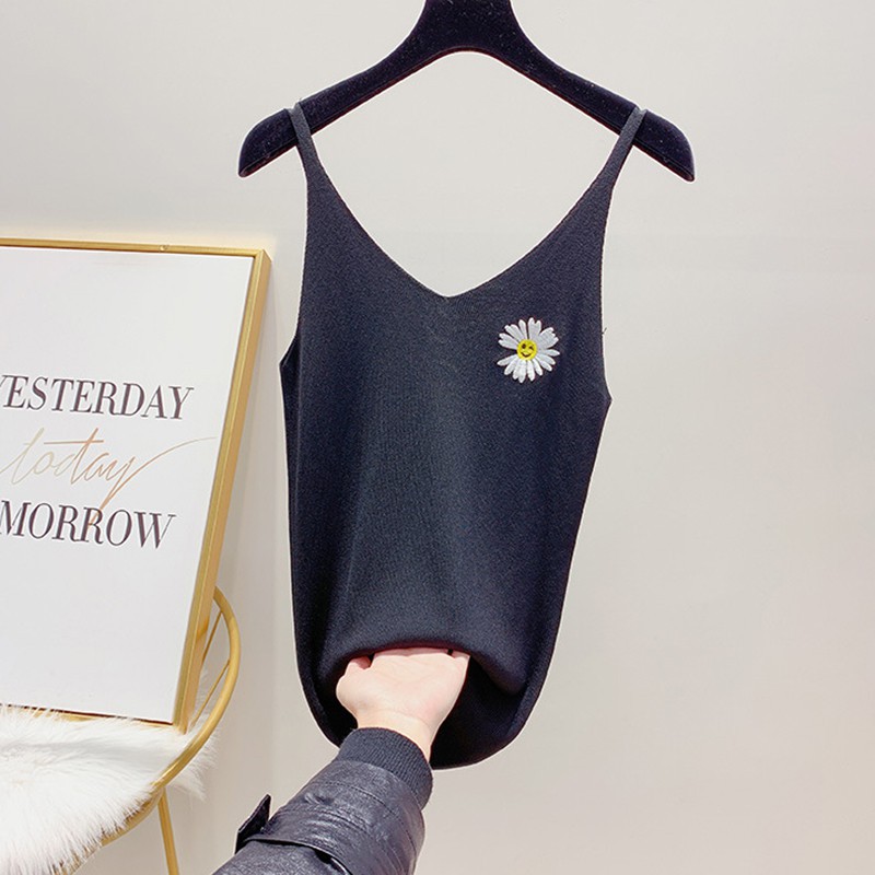 Women Casual Knitted Daisy Embroidery Cami Tops Summer Vest Sleeveless Basic Camisole | BigBuy360 - bigbuy360.vn