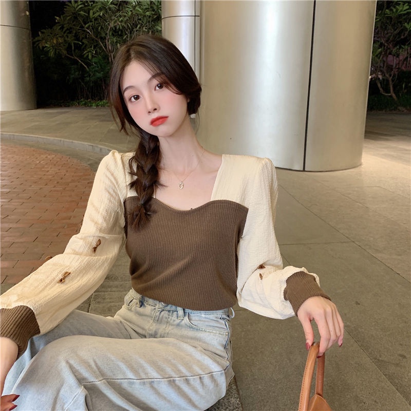 Áo kiểu tay dài cổ vuông thiết kế mới thời trang theo phong cách pháp dành cho nữ