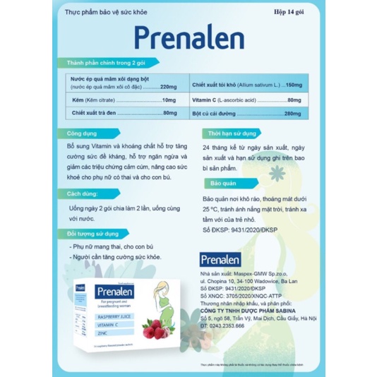 Prenalen (Hộp 14 gói) – Tăng đề kháng, giảm cảm cúm ốm vặt cho mẹ bầu và sau sinh