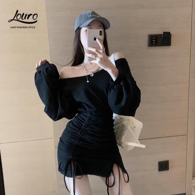 Váy đầm len tăm body rút dây💟FREESHIP💟mẫu váy đầm body dài tay lệch vai dây rút tôn dáng cực xinh-L027  ྇  ྇  ྇