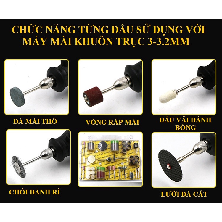 SV Bộ 105 chi tiết mài, cắt, đánh bóng cho máy mài khuôn trục 3mm