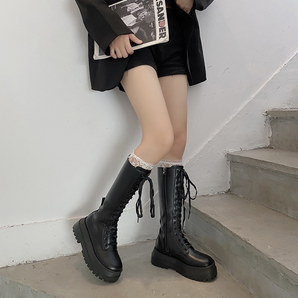 Giày bốt cổ cao đế dày thiết kế cột dây phong cách Hàn Quốc thời trang cá tính | BigBuy360 - bigbuy360.vn