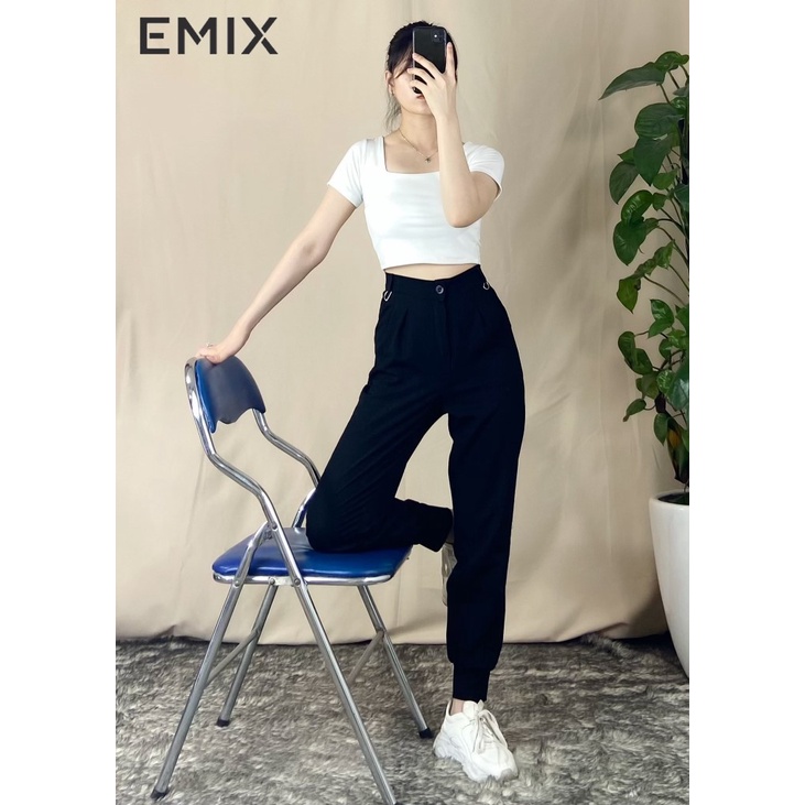 Quần jogger nữ bo gấu EMIX (màu đen), thể thao, dáng dài 90cm, chất đũi mềm mát, ít nhăn, không bai màu 911