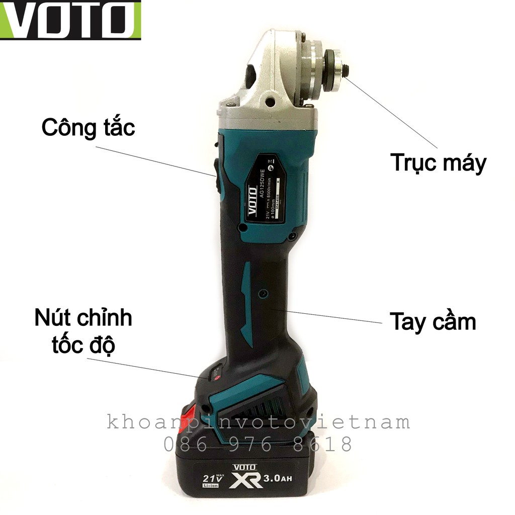 Máy mài cắt pin Voto không chổi than trục 10mm 12.5mm công tắc trượt sạc đế có pin dự phòng (màu xanh)