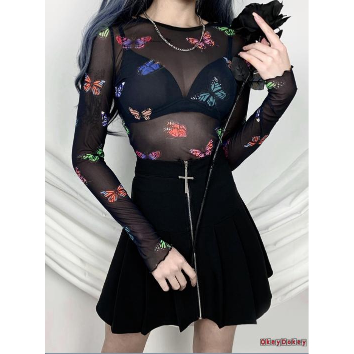 Áo Thun Tay Dài In Hình Bướm Nhiều Màu Thời Trang Cho Nữ