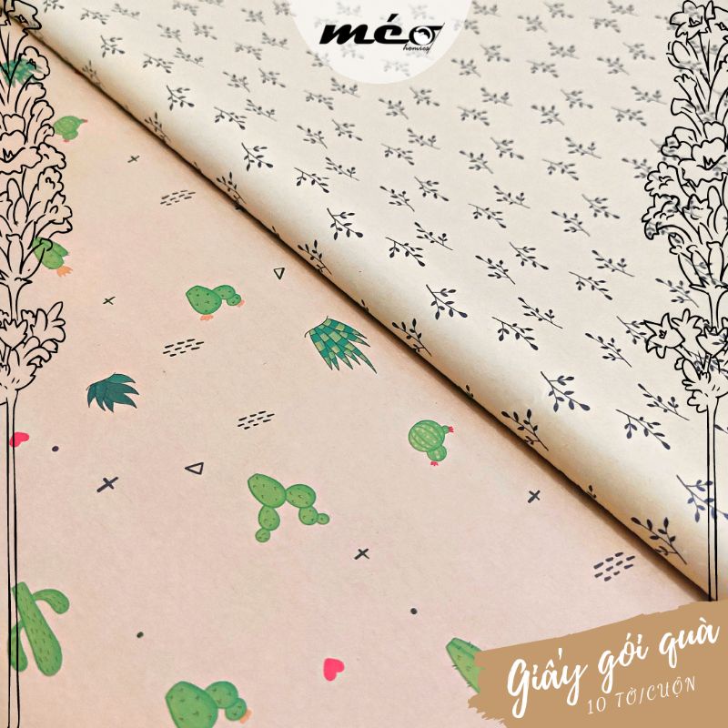Cuộn 10 tờ GIẤY GÓI QUÀ (50x70cm) hoạ tiết HOA LÁ Vintage chất liệu giấy Kraft dày dặn