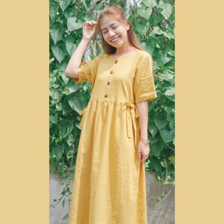 Đầm Linen thắt eo nơ - Vàng nghệ cực tôn da