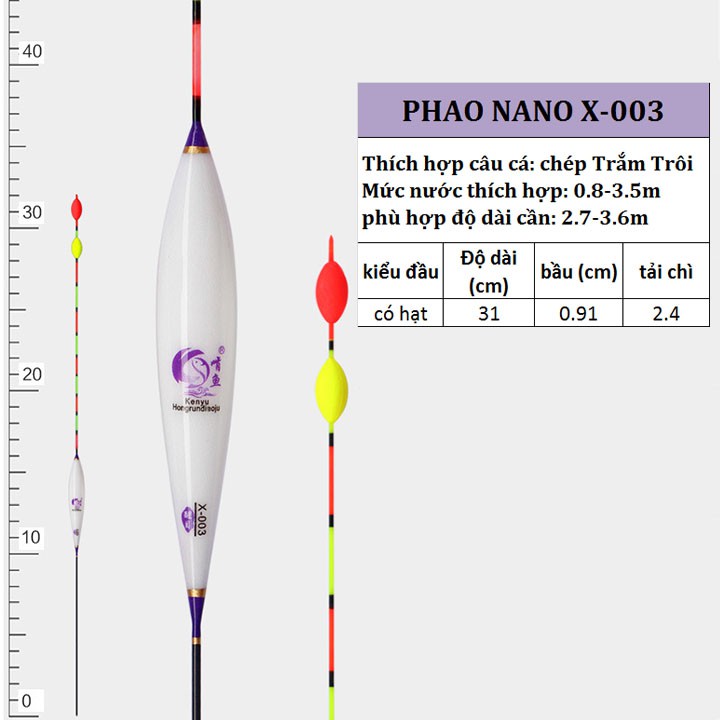 Phao câu cá NaNo - Phao Câu Đài X001-X008 8 cỡ đầy đủ thông số PK-2