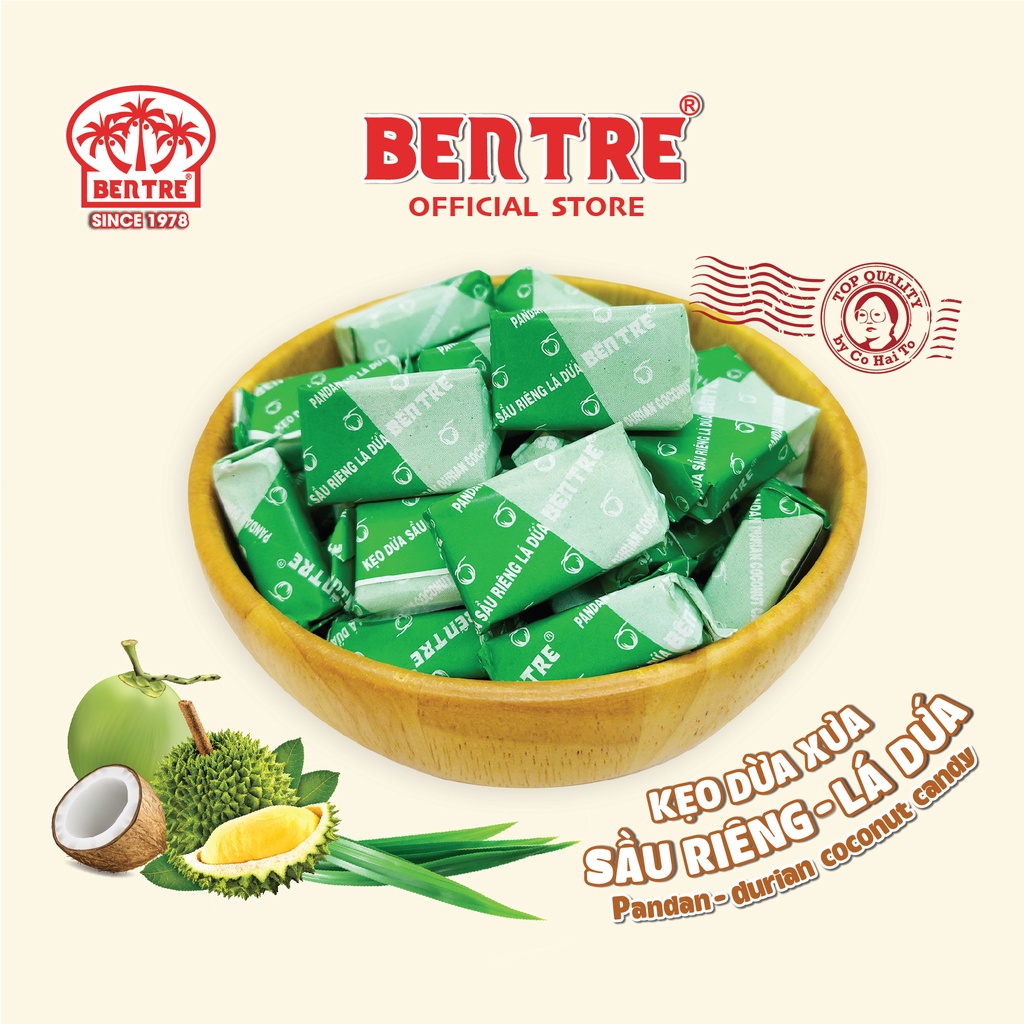 Kẹo Dừa Xưa vị Sầu Riêng Lá Dứa chính hiệu Bến Tre Cô Hai Tỏ 300g, 500g