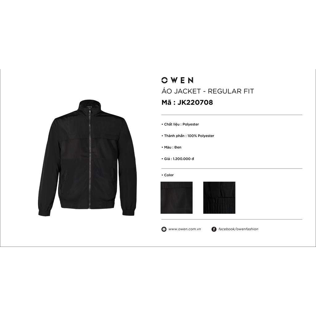 Áo Khoác Gió Nam 2 Lớp Owen JK220708 Jacket Dáng Suông Cổ Đứng Bo Tay và Gấu Màu Đen Trơn Vải Polyester Cao Cấp