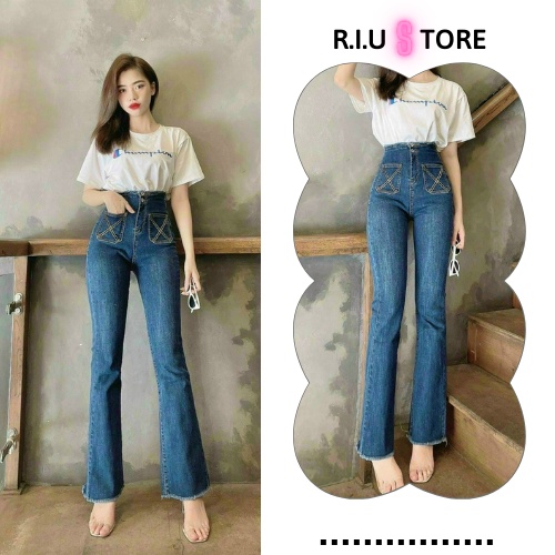 Quần jean lưng cao ống loe có túi chéo nhẹ form hàn R.I.U STORE