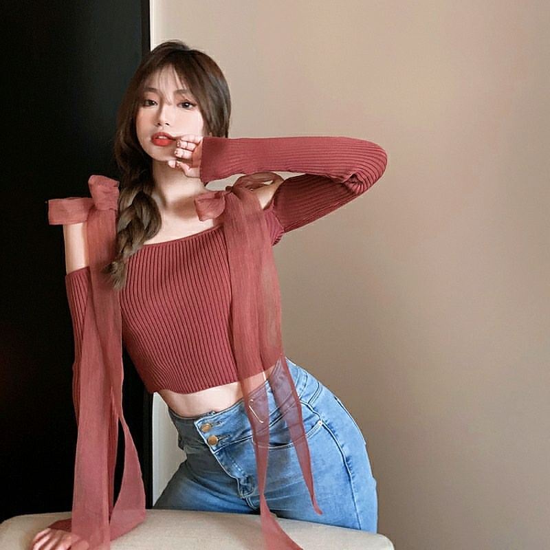 ÁO LEN ULZZANG TRỄ VAI BUỘC NƠ CÔNG CHÚA