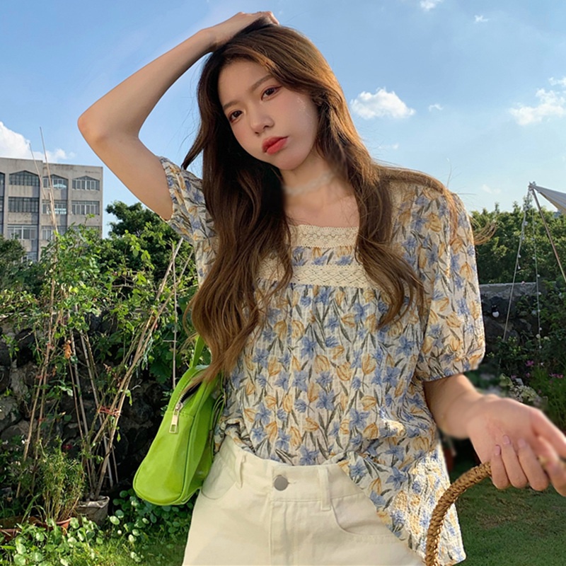 Áo Chiffon Tay Ngắn Cổ Vuông Phối Ren In Họa Tiết Hoa Phong Cách Hàn Quốc Thời Trang Cho Nữ