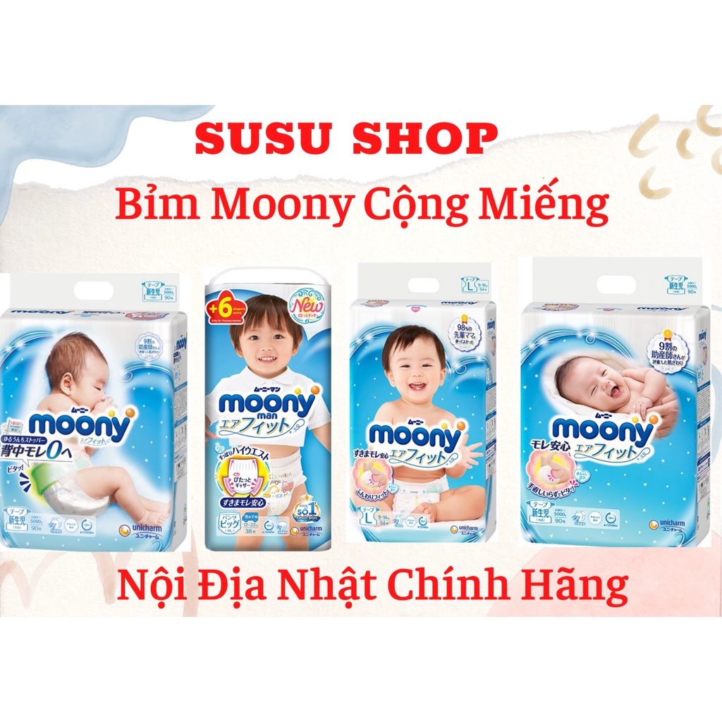 Bỉm Moony Cộng Miếng Nội Địa Nhật Dán/Quần đủ size NB90+6/S84+6/M58+6/M64+4/L44+6/L54+4/XL44