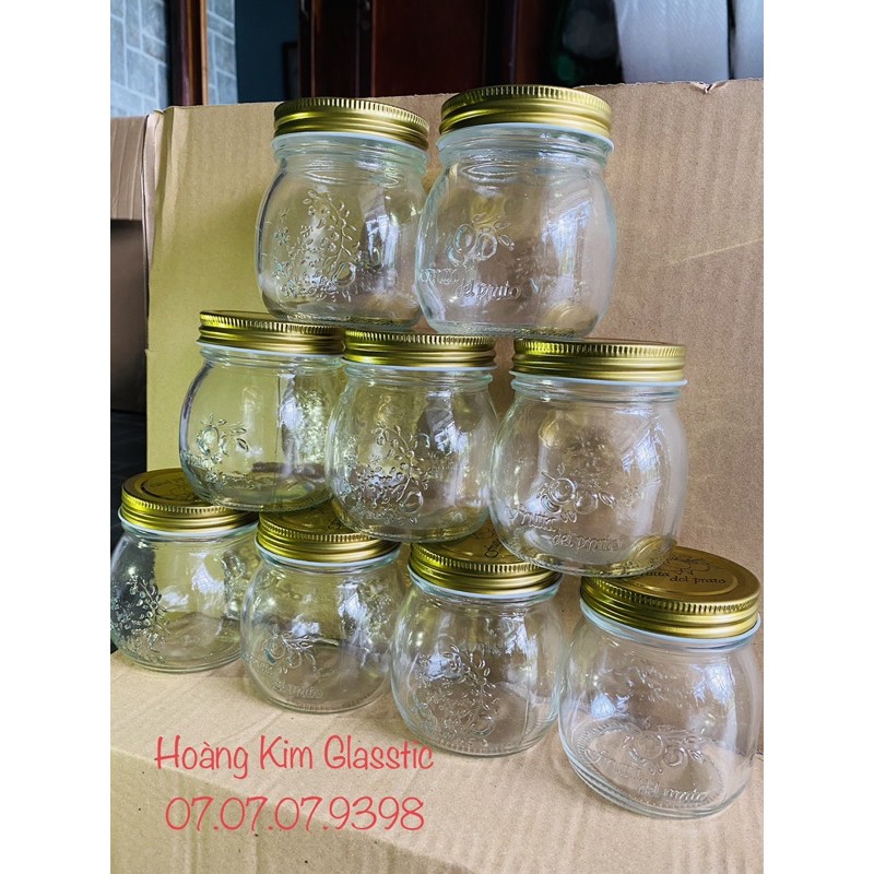 [RẺ VÔ ĐỊCH]🤩 HỦ THUỶ TINH IN HOA NỔI 2 MẶT/ NẮP NHÔM VÀNG IN HOA 300ml