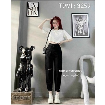 Quần jean baggy nữ cạp cao màu đen trơn rách gối nhẹ - chất jean mềm không dãn