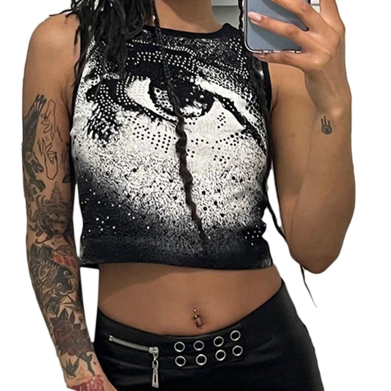 Áo Croptop Không Tay Cổ Tròn In Họa Tiết Đôi Mắt To Màu Gradient Phong Cách Harajuku Gothic Punk Cho Nữ
