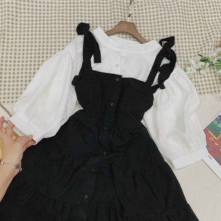 Set áo sơ mi và yếm 2 dây đen