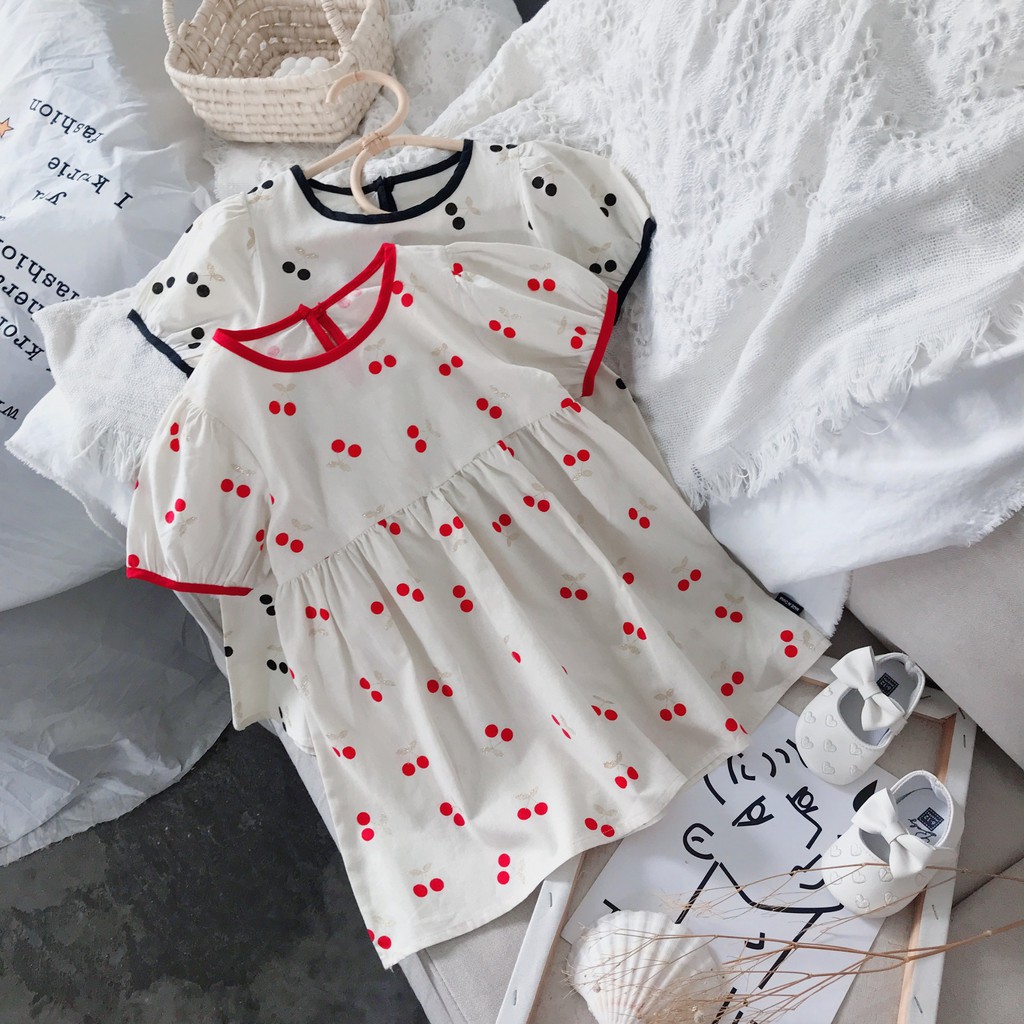 Korean Kids Girls Fashion Sweet Style Cherry Print Lantern Sleeve Design Dress